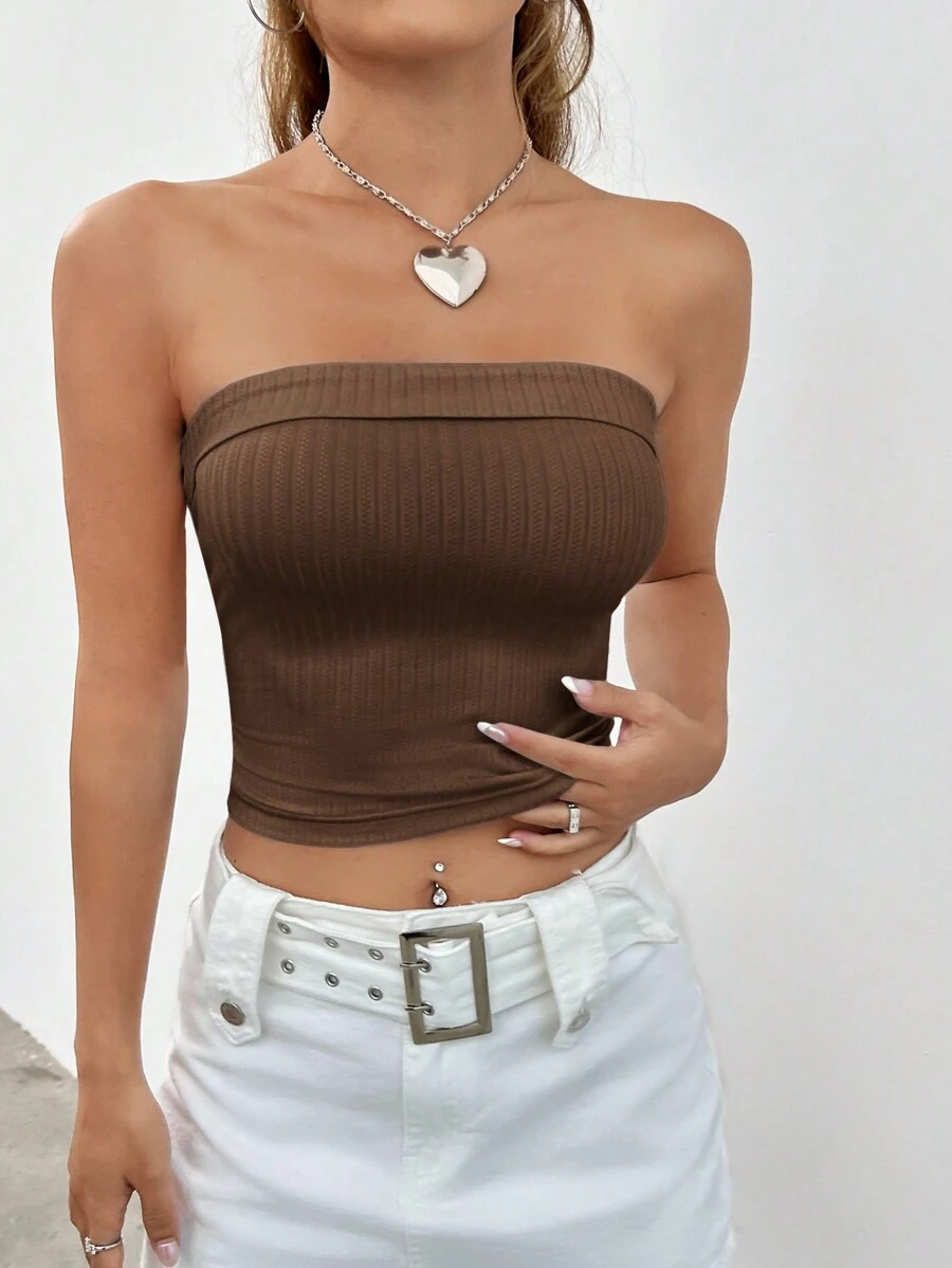 SHEIN EZwear Kvinnors Räfflad Bandeau Topp - Kaffebrun - Visa 1
