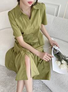 DAZY Women'S Loose Fit Puff Sleeve Knee-Length Dress With Ruffled Hem, Single Breasted Design And Pointed Collar - Green - View 5