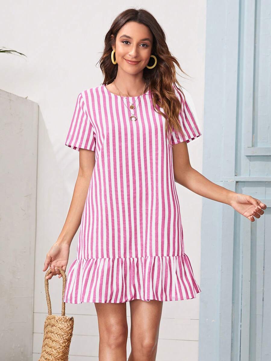 SHEIN VCAY 女士條紋短袖夏季連衣裙 - 玫紅色 - 查看 1