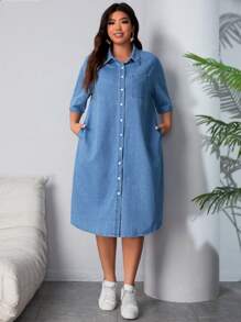 Breezaya Plus Size Denim Shirt Dress With Side Slits - Medium Wash - View 4