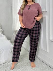 Plus Size Women's Round Neck Short Sleeve T-Shirt And Plaid Lounge Pants Pajama Set