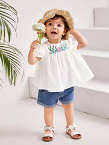 SHEIN Baby Girl Embroidered Pattern White Short Sleeve Top For Summer Vacation - White - View 1