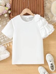 SHEIN 少女圓領短袖t恤,配有荷葉邊飾邊