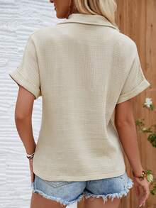 SHEIN LUNE Lapel Batwing Short Sleeve Shirt - Apricot - View 2