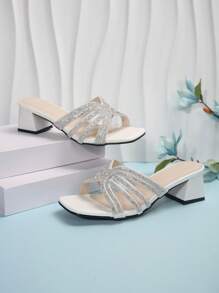 White Square Toe Thin Heeled Sandals For Women, Fashionable French Style Crystal Embellished High Heeled Shoes, Summer & Fall Valentines