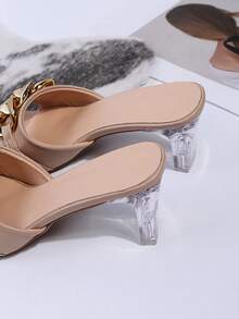 Apricot-Colored, New Arrival Summer/Autumn, Metal Buckle, Simple Style, Crystal Heels, Square Toe, High Heels, Open Toe, Versatile Sandals - Apricot - View 5