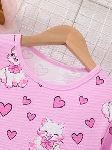 青少女淡紫色心形貓紋長袖上衣和褲子套裝,緊身睡衣套裝 - 淡紫色 - 查看 5