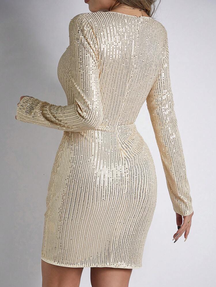 Women's Deep V-Neck Long Sleeve Glitter Sparkle Dress Fall Cloth For Women