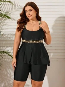 Swim Lushoire 大尺碼彩色拼接面板寬肩比基尼套裝,附有背心和短褲