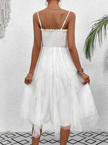 SHEIN VCAY 網紗拼接抽褶背心裙 - 白色 - 查看 2