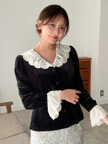 FRIFUL Của phụ nữ Khối màu Nhóm thêu Tay áo chuông Áo sơ mi - màu đen - Xem 2