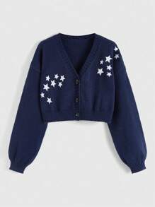 ROMWE Hippie Star Embroidery Lantern Sleeve Cardigan - Navy Blue - View 1