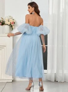 SHEIN Belle 优雅浪漫公主裙露肩泡泡袖网眼面料女士鸡尾酒会礼服婚礼新娘礼服 - 藍色 - 查看 4