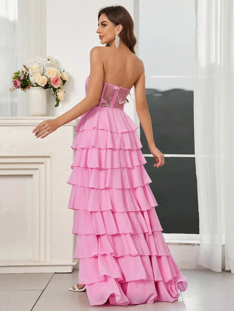 Elegant Pink Bust Applique High Slit Asymmetrical Layered Dress Formal Ball Gown For Women For Valentine's Day
