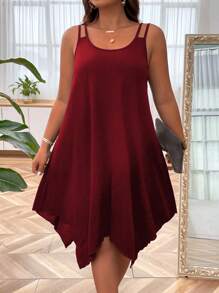 SHEIN LUNE Plus Size Asymmetric Hem Sleeveless Dress With Double Shoulder Straps, Burgundy Color Women Outfit - Burgundy - View 1