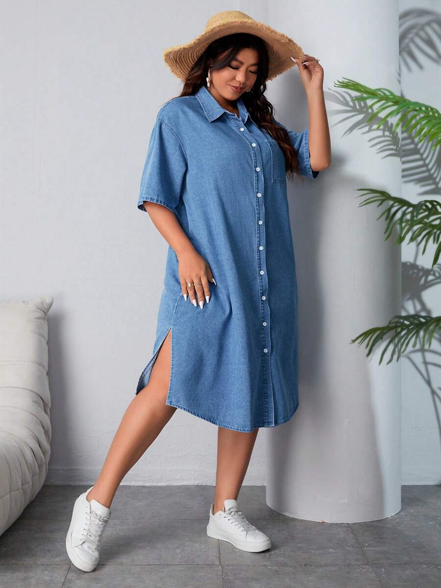 Breezaya Plus Size Denim Shirt Dress With Side Slits - Medium Wash - View 1