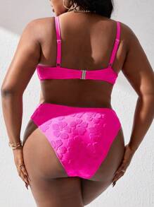 SHEIN Slayr CURVE 大尺碼女士花卉印花游泳服套裝,壓花設計 - 玫紅色 - 查看 2