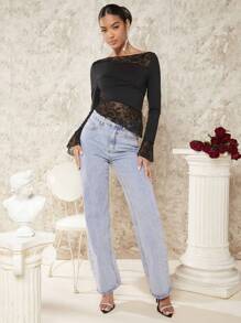 SHEIN BAE 蕾絲拼接船領不對稱下擺緊身長袖t恤 - 黑色 - 查看 5