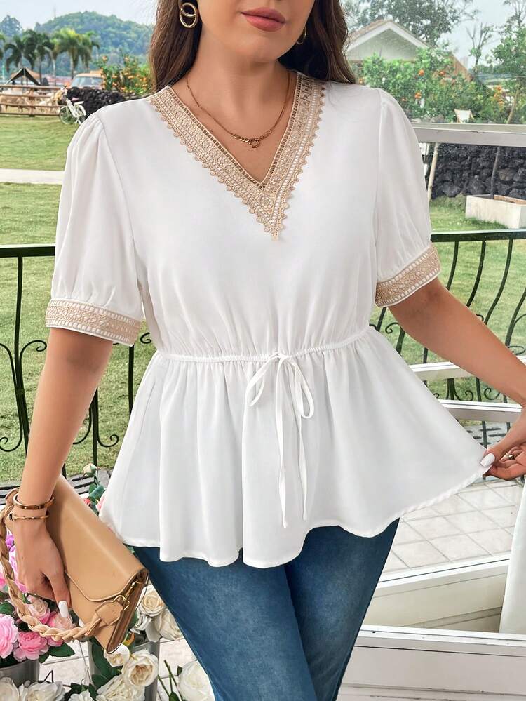 Plus Size Embroidered Applique Short Sleeve Blouse With Asymmetrical Ruffle Hem