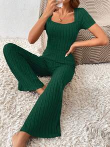 SHEIN Frenchy Women's Square Neck Ribbed Short Sleeve T-Shirt And Pants Two Pieces Set - Dark Green - View 5