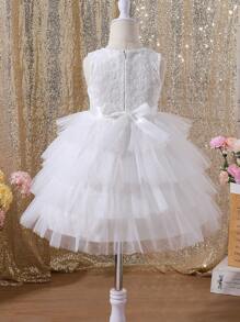 SHEIN Glamorique Kids Young Girl Princess Style Casual, Fashionable, Sweet, Elegant, Lace & Mesh Dress,Holiday,Summer,Travel - White - View 2