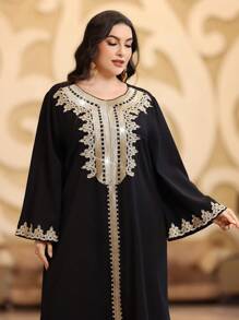 Layrah 大码女士刺绣带阿拉伯卡夫坦贾拉比亚连衣裙，优雅奢华晚会风格 - 黑色 - 查看 6