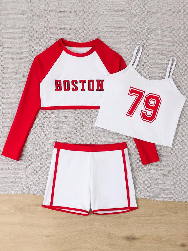 Tween Girls' Digital Printed Cami Top, Color Block Shorts, Raglan Long Sleeve Tee Tankini Set