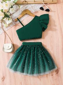 SHEIN Vestido com Ombro Único, Manga Curta, Babado e Saia de Tule com Cinto, Verde, para Meninas Jovens