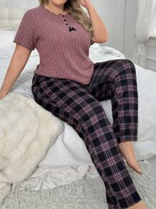 Plus Size Women's Round Neck Short Sleeve T-Shirt And Plaid Lounge Pants Pajama Set