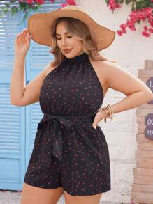 SHEIN VCAY Kích thước lớn Không tay Romper Với In Trái tim Và Halter Neck - màu đen - Xem 5