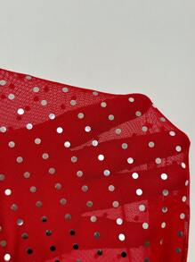 Slaydiva Round Ring Decor Hollow Out Detail Rhinestone Mesh Dress - Red - View 6