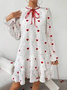 SHEIN Clasi 女式愛心刺繡荷葉邊袖洋裝 - 彩色 - 查看 3