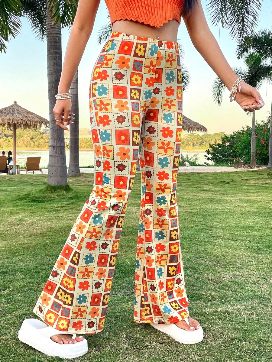 Soleia Floral Print Flared Pants - Yellow - View 1