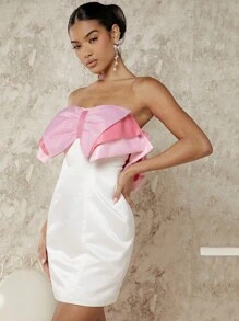 Hauture Colorblock Big Bow Satin Tube Dress - Multicolor - View 4