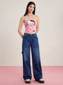 HELLO KITTY AND FRIENDS | SHEIN 女式卡通和字母印花無肩帶上衣 - 粉色 - 查看 7