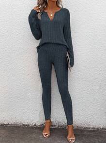 SHEIN LUNE 2pcs/Set Women Basic Black Thermal Underwear Set, Long Sleeve T-Shirt & Leggings, Winter New Arrival Matching Pajama Set