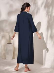 Al Najma Floral Embroidery Asymmetrical Hem Arabian Dress With Flounce Sleeves - Navy Blue - View 2