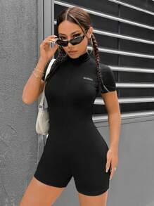 SHEIN PETITE Women'S Jumpsuit With Zippered Stand Collar And Checked Pattern Detail - Black - View 5