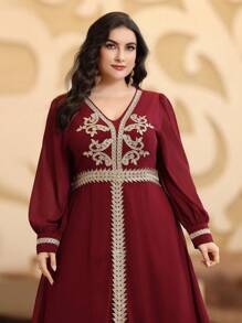 Layrah 勃艮第红色大码缝合编织吊带卡夫坦贾拉比亚连衣裙，优雅奢华晚会风格 - 酒紅色 - 查看 4