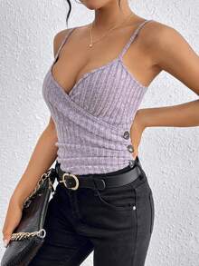 SHEIN LUNE Button Decor Wrap Style Camisole Top - Mauve Purple - View 6
