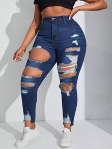 SHEIN SXY Kích thước lớn Thon gọn Quần jean Distressed - Rửa tối - Xem 5
