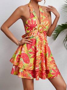 Soleia 女性露背綁頸熱帶印花連衣裙 - 紅色 - 查看 5