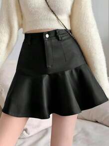 女裝純色百褶褶邊裙 - 黑色 - 查看 1