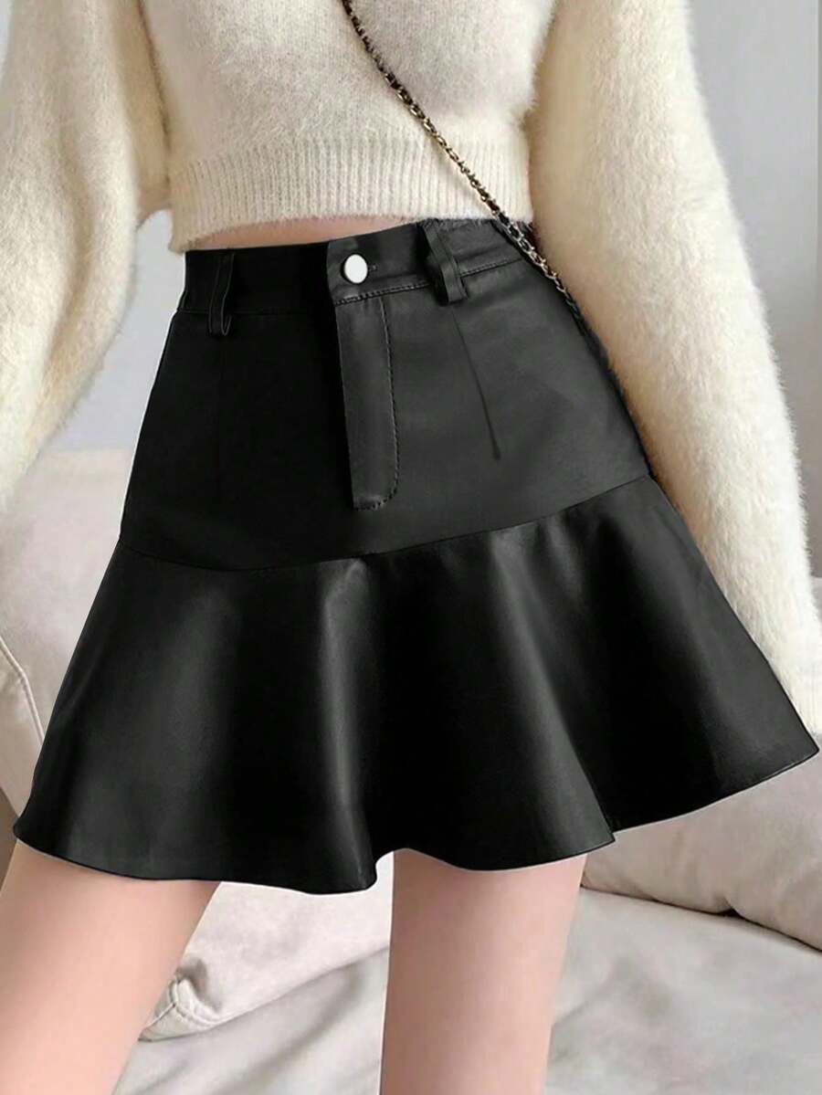 女裝純色百褶褶邊裙 - 黑色 - 查看 1