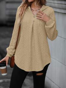 SHEIN LUNE 抽繩花卉提花長袖連帽衫 - 杏色 - 查看 5