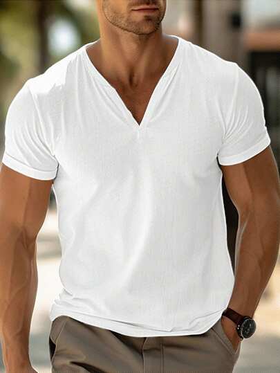 Manfinity Homme Men Solid Color Short Sleeve Notch-Neck Told Money, For Going Out, For Husband, Plain Henley Top Tee
