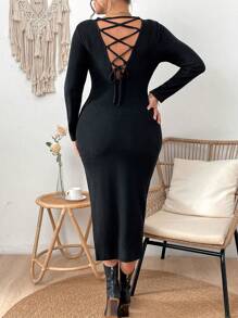 Celure 大碼女式後背十字帶細節修身連身裙 - 黑色 - 查看 1