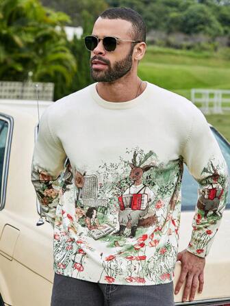 Extended Sizes Men's Plus Size Cartoon Pattern Long Sleeve Sweater