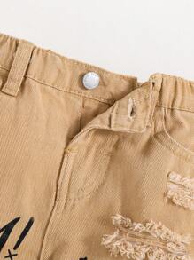 SHEIN Pantalones Vaqueros Con Letras Impresas De Dibujos Animados Para Niños - Caqui - Ver 4