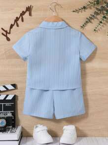 SHEIN Baby Boy'S Solid Color Shirt And Short Set - Dusty Blue - View 3